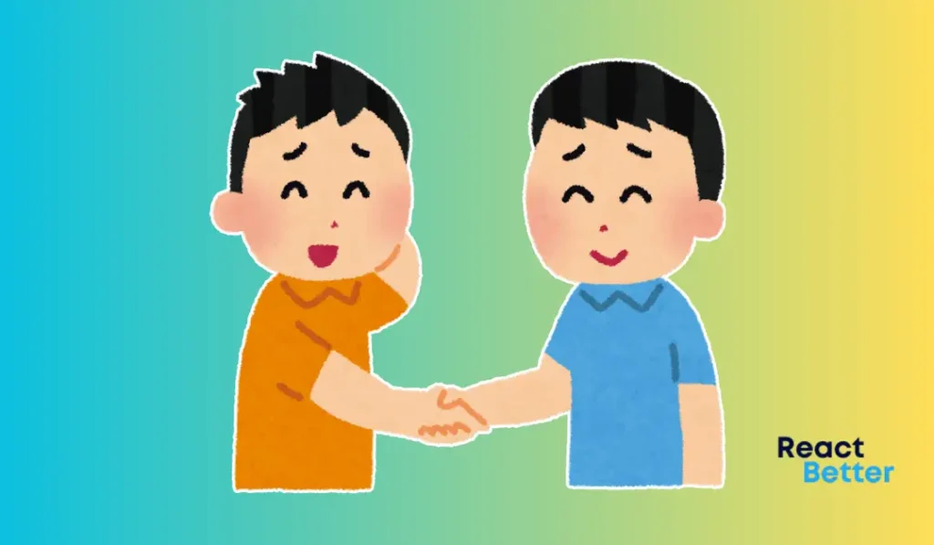 Two cartoon figures shaking hands, one looking slightly embarrassed